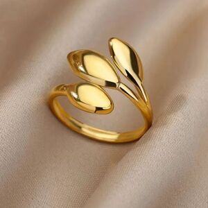 Simple Leaf Opening Ring Stainless Steel Golden Plated Size 8